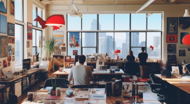 Sunlit Modern Creative Workspace with City View